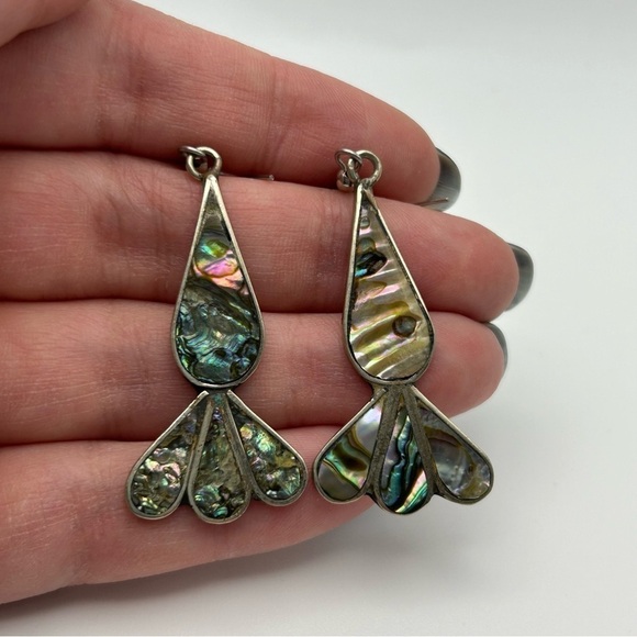 Vintage Alpaca Mexico Genuine Abalone Shell Carrot Design Dangle Pierced Earring - Picture 6 of 11